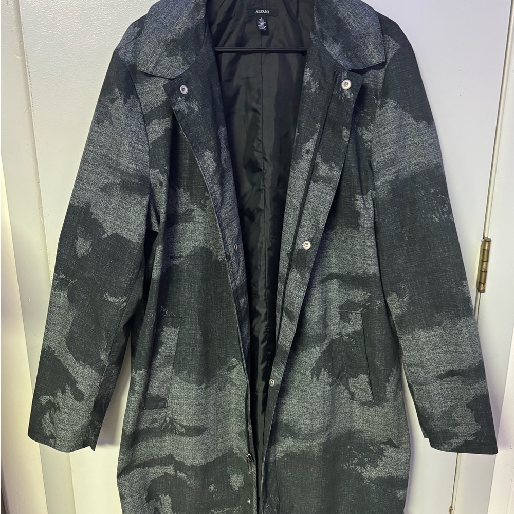 Alfani mens gray and black foggy forest print trench coat